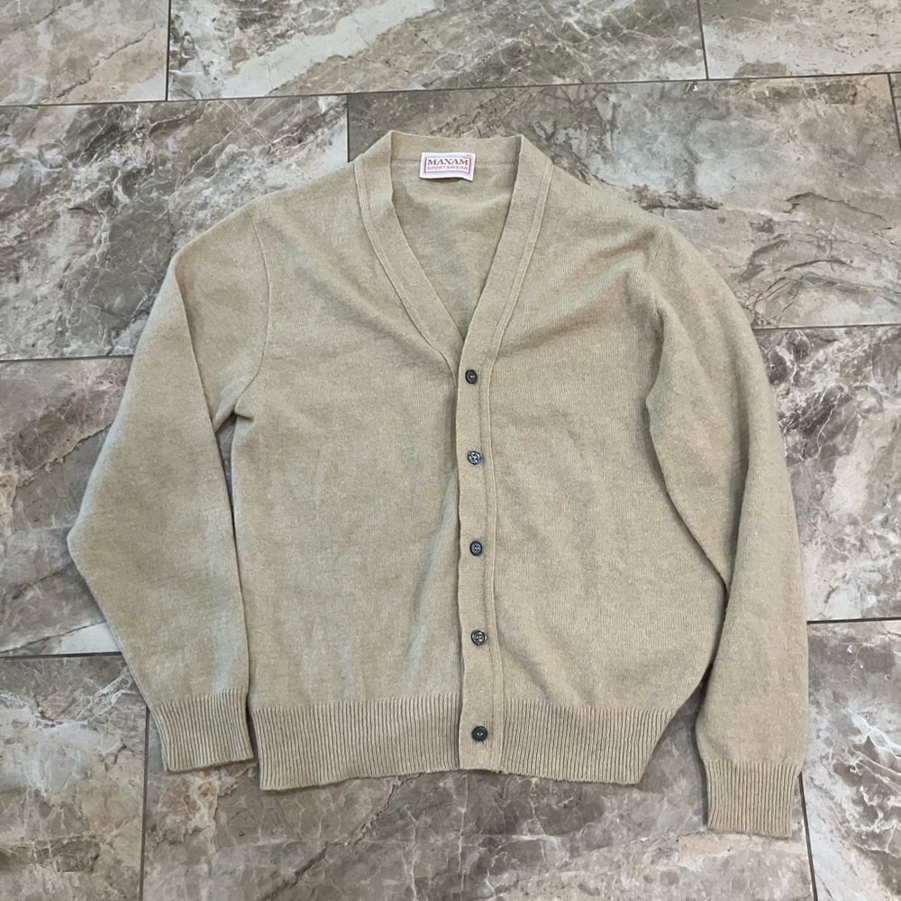 Vintage Maxam Cardigan Sweater Mens M V-Neck Yellow Wool Blend Grandpa Grunge